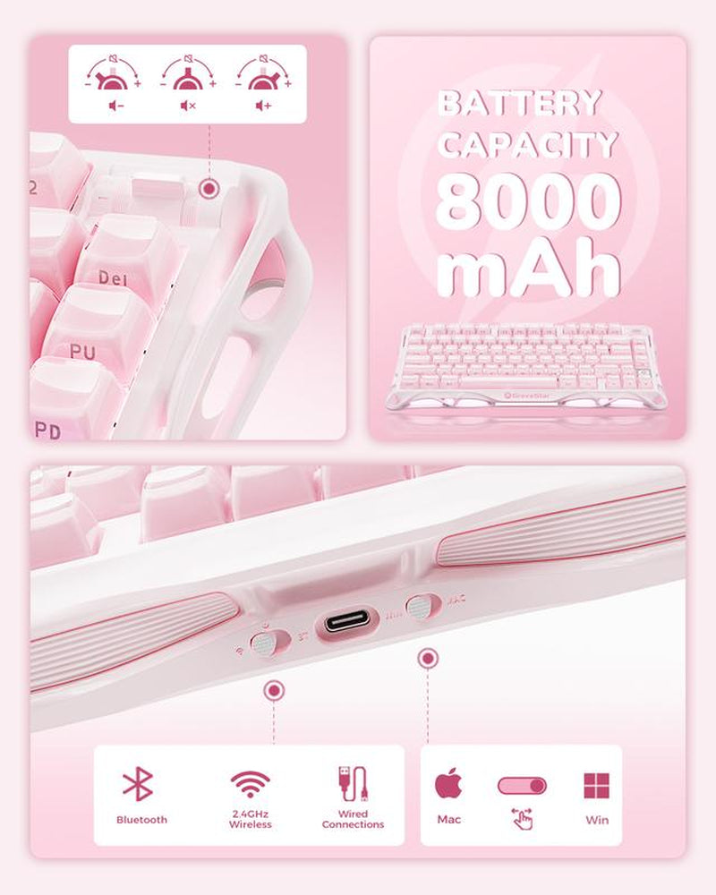 Gravastar Mercury K1 Sakura Pink Wireless Mechanical Gaming Keyboard - Stylish Aluminum Alloy Design, Gasket Hot-Swap, Linear Switches, RGB Backlit